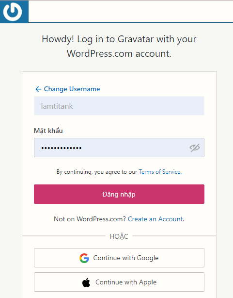 Đăng nhập vào Gravatar bằng tài khoản WordPress.com